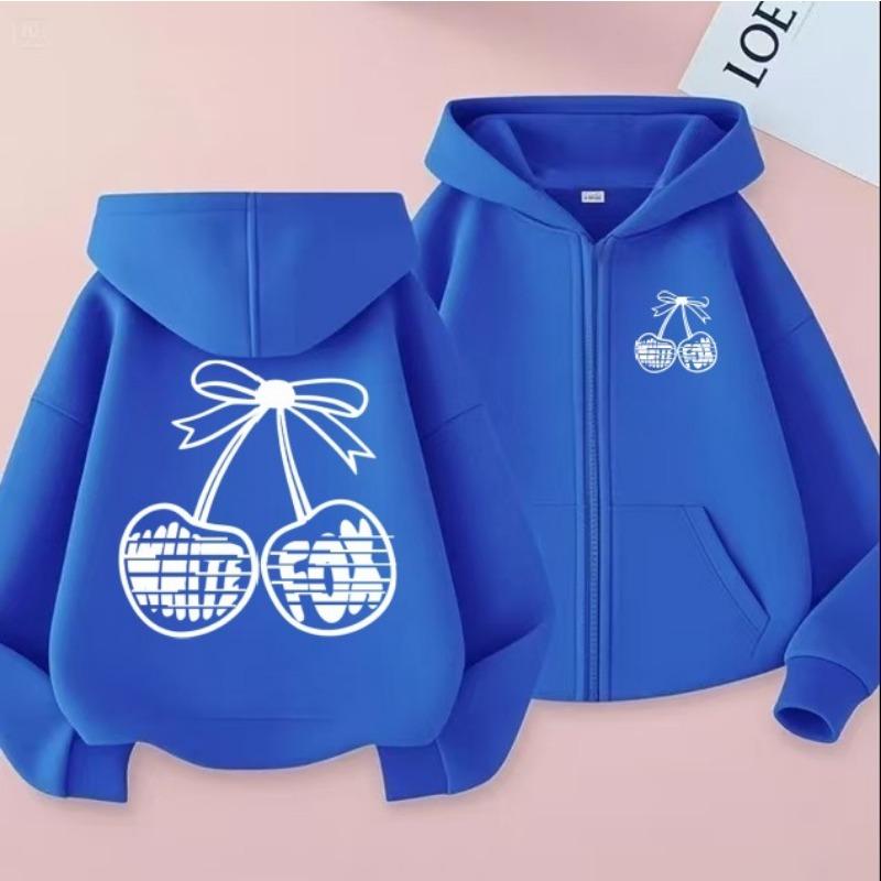 Cherry Print Zipper Hooded Women's Spring and Autumn Loose Back Large Pattern Cardigan Sweatshirt
