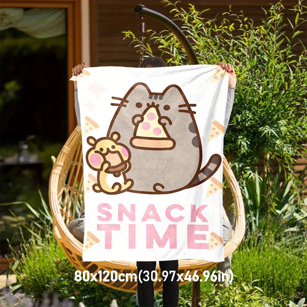 1ks Pusheen Tématická deka z flanelu se svačinkovým designem - 3D tištěná měkká teplá, lehká přikrývka pro všechna roční období pro kempování, cestování, postel -080735
