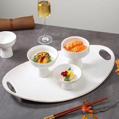 Keramik-Snackschalen-Tablett, Keramikgeschirr, hohe Schüssel, Dessert-Snackschale, kreative Funktionen, Goldrand-Geschirr-Display-Tablett