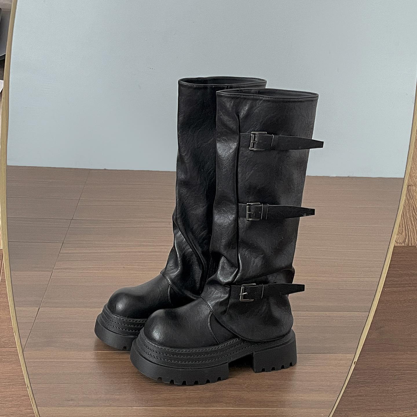 

Black retro but knee-thin platform boots women s boots 2025 new autumn with skirt trousers boots 35 чёрный