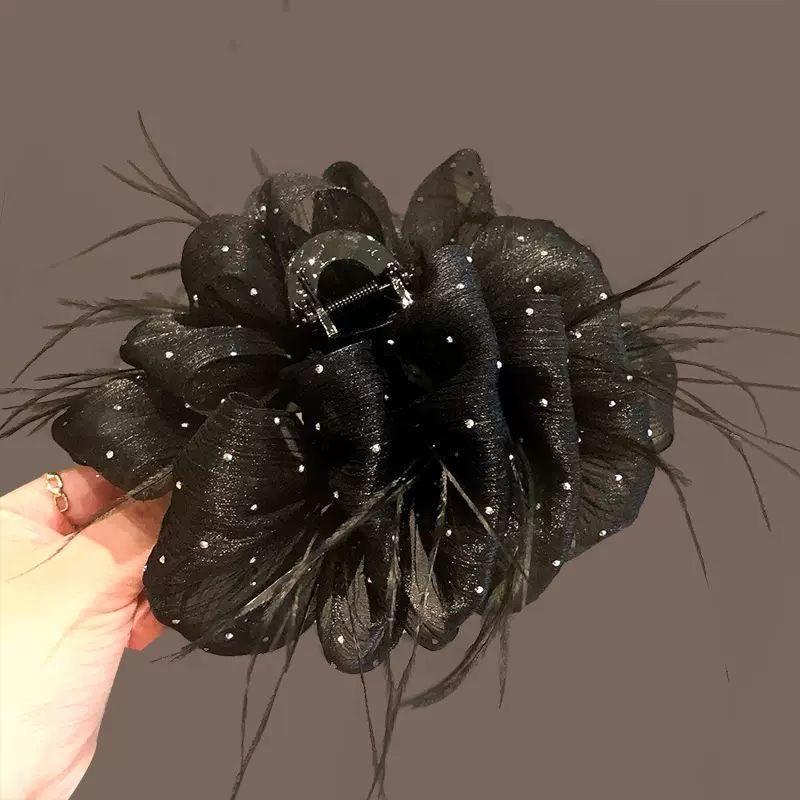 Elegant Baby's Breath Feather Claw Clip, 2024 New Rhinestone Hair Clamp for Back of Head