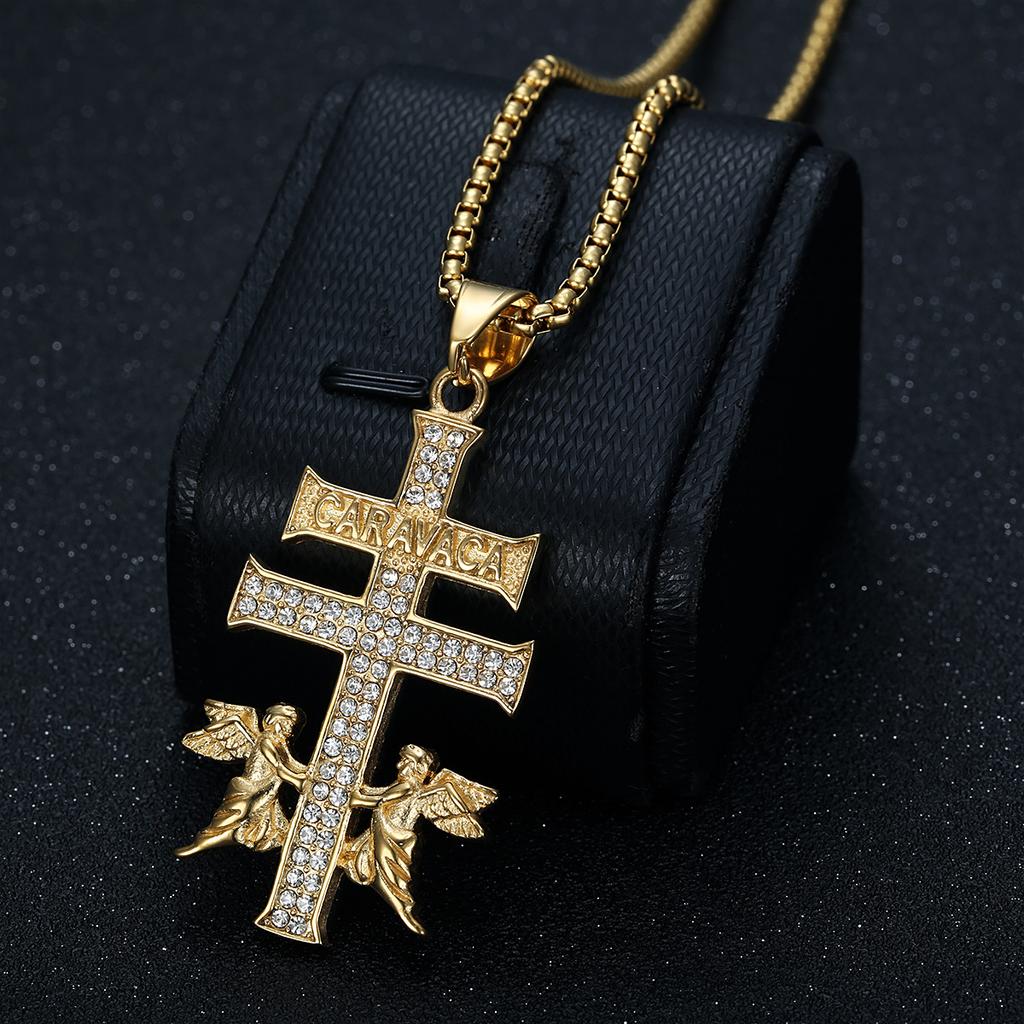 Hot Selling Hip Hop Jewelry Titanium Steel Gold Plated Diamond Angel Cross Pendant Necklace