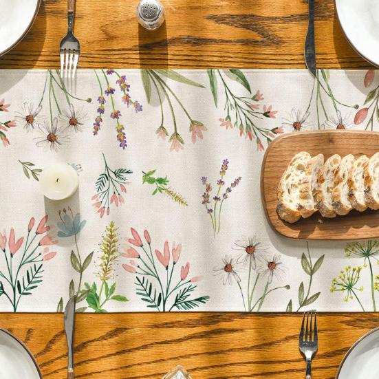 Spring Table Runner Floral Linen Table Runner Seasonal Summer Wildflowers Kitchen Dining Decoration for Home Party Decor