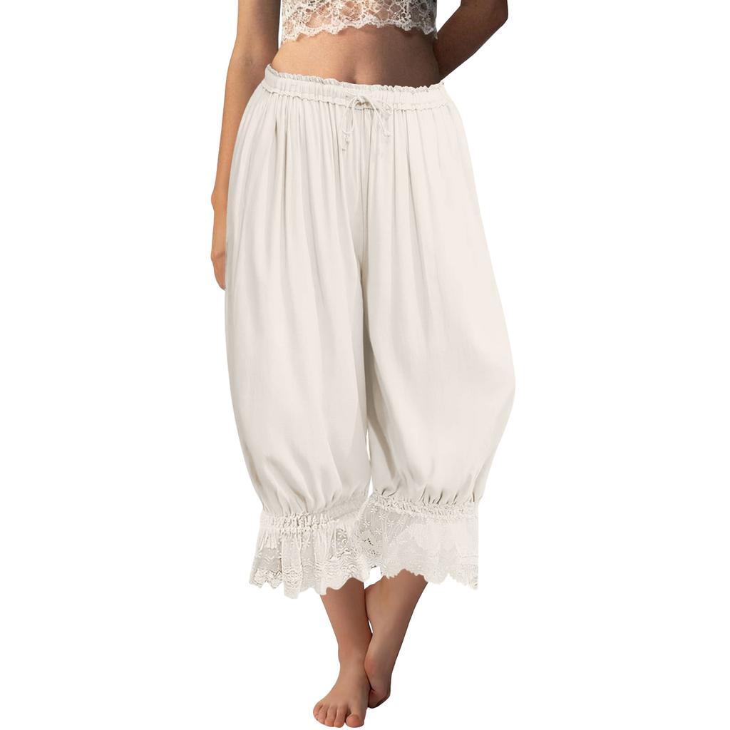 Damen Spitzenbesetzte Lange Rüschen Vintage Weitbein Hose Sommer Strand Reise Urlaubshose