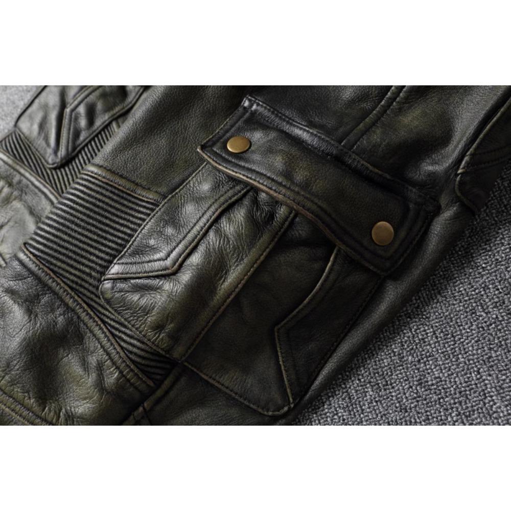 Chinese Size Vintage Green Genuine Cowhide Leather Pants Men Motorcycle Biker Leather Trousers Autumn Winter Men Leather Pants