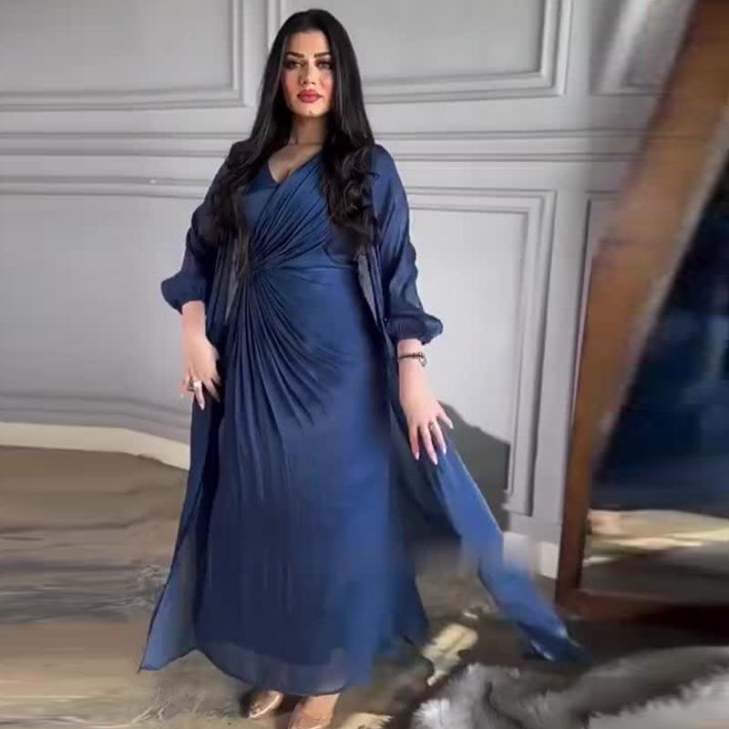 2024 Autumn European and American Pleated Waist Long Dress and Outerwear Two-Piece Set