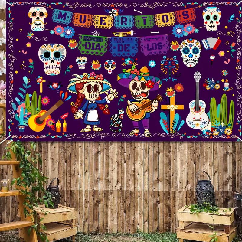 2D Dia De Los Muertos Backdrop, Day of the Dead Sugar Skull Photography Background Banner