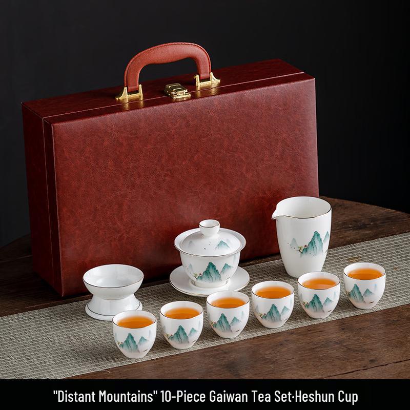 Thousand Miles Rivers and Mountains Mutton Fat Jade Ceramic Gongfu Tea Set