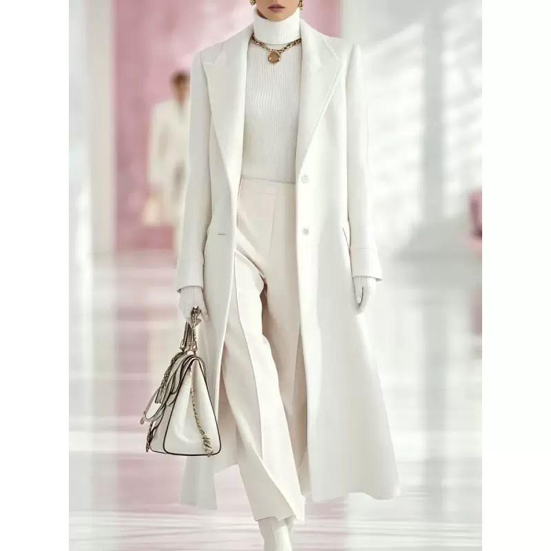 2026 Winter Women Long H-line Notched Lapel Wool Blend Coat Commuter Outerwear