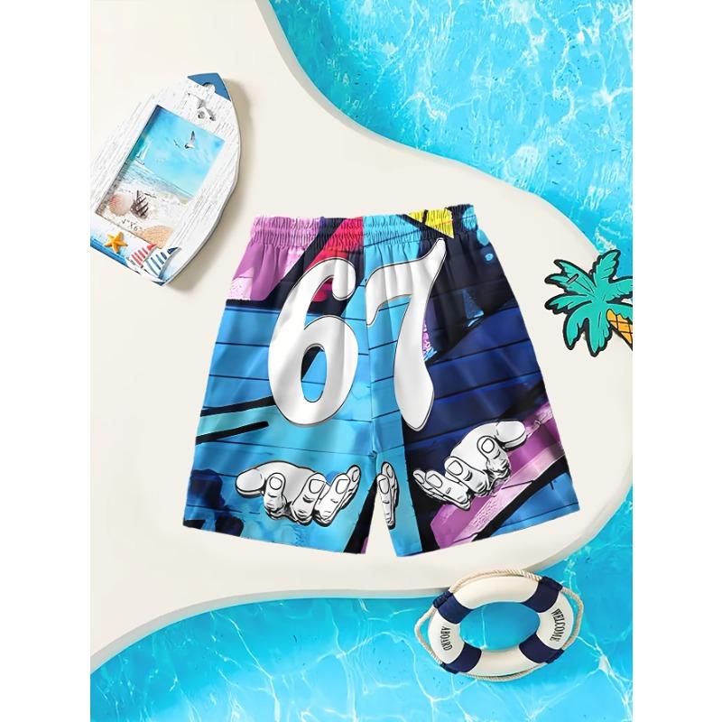 

3D number 67 printed beach shorts - quick drying and breathable, elastic waistband with drawstring 5XL