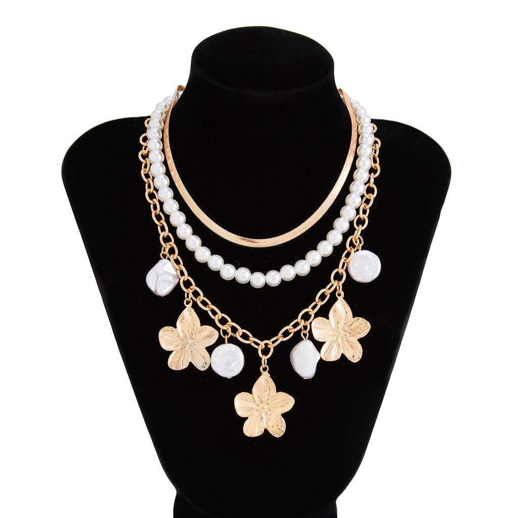 Multilayer Imitation Pearl Snake Chain Choker Flower Pendant Necklace for Women Accessories