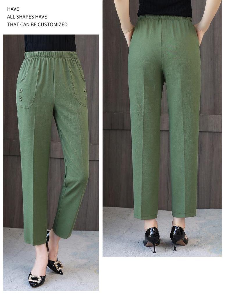 Women's High-Waist Cotton-Linen Summer Pants: Stylish, Elastic, Straight Fit for Middle-Aged and Elderly