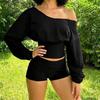 Women Fashion Solid Color One Shoulder Long Sleeve Waist Cinched Sweatshirt Top with Casual Shorts Two Piece Set