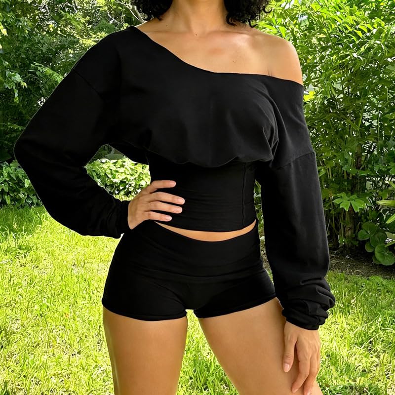 Women Fashion Solid Color One Shoulder Long Sleeve Waist Cinched Sweatshirt Top with Casual Shorts Two Piece Set