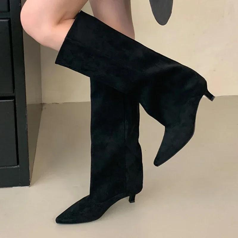 Winter Street Style Pointed Toe Boots Women Low Heels Shoes Female Long Booties Women Shoes Zapatos De Mujer