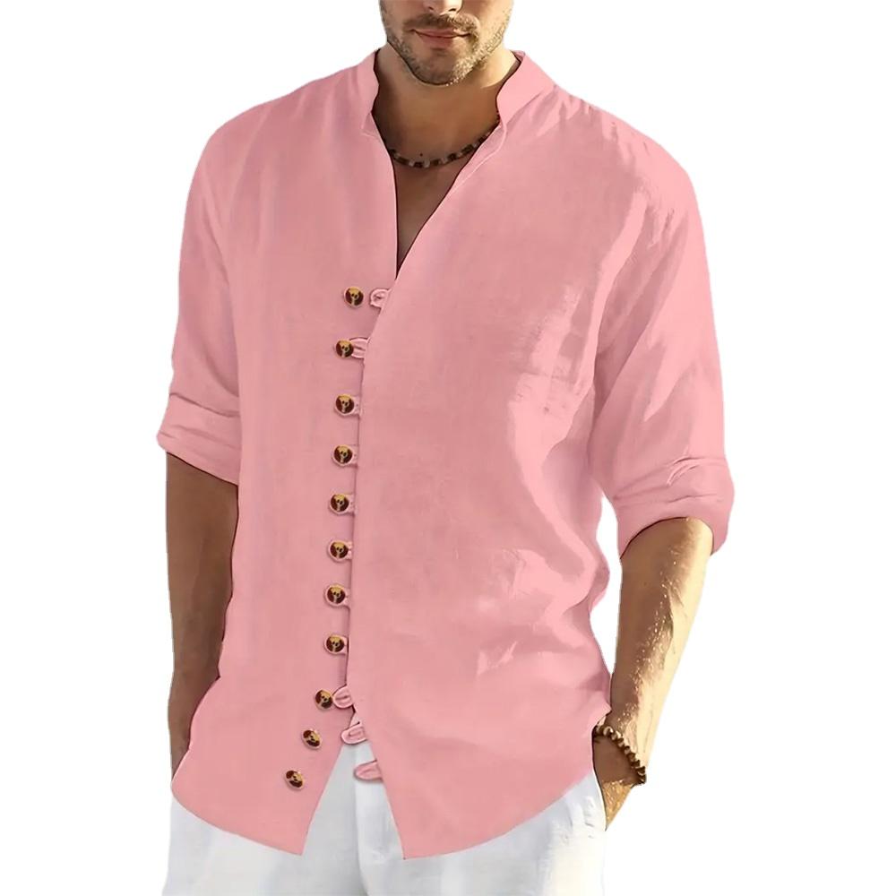 Chemise en coton et lin multi-boutons, couleur unie, manches longues, col Henley, plage, vêtements de vacances hawaïens, Streetwear, chemises médiévales Vintage