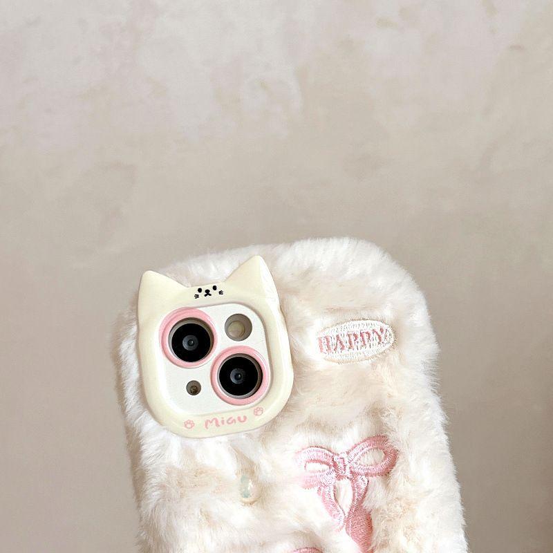 Soft Fluffy Plush bowknot Star Cat Ears 3D Pearl Phone Case For iPhone 17 Air 14 15 16 Plus 13 Pro Max 11 12 Warm Winter  Cover  Embroidery