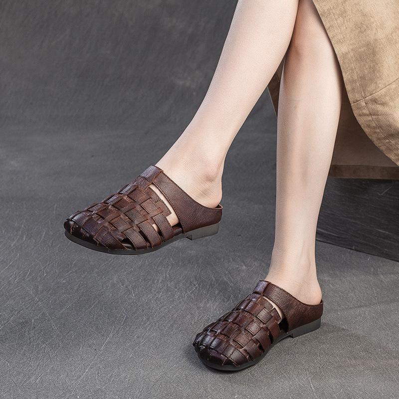 2026 Summer New Hand Woven Breathable Flat Outdoor Wear Closed Toe Slippers Casual First Layer Cowhide Women Shoes