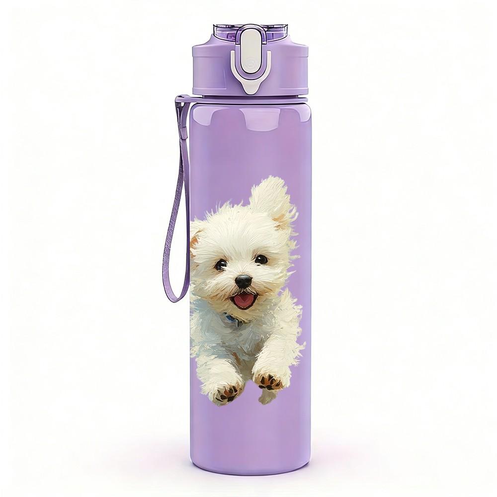 1PC Tiny White Fluffy Puppy Animal Print 750ml Color Plastic Sports Water Bottle Leakproof Flip Straw Lid Suitable for Sports Office Home Use