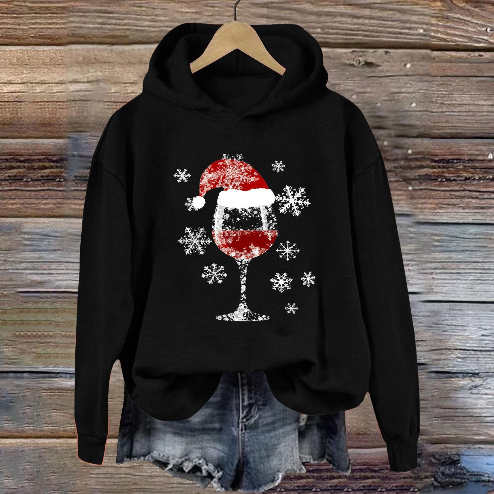 

Women s Christmas hooded sweatshirt red wine glass printed long sleeved hooded sweatshirt Christmas appearance New Year s gift 3XL