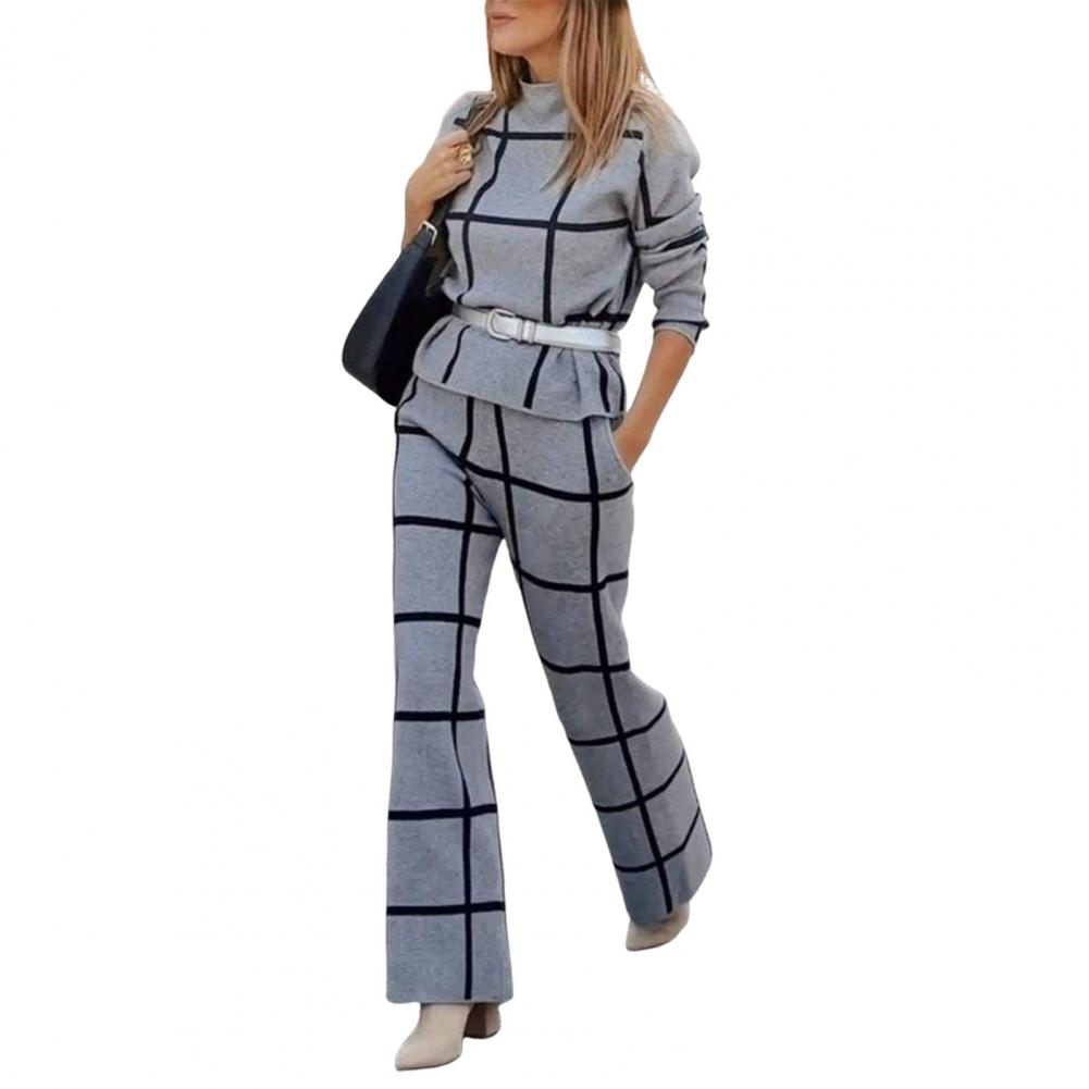 

Комплект из топа с длинными рукавами и брюками широкого кроя, элегантный клетчатый костюм с брюками широкого кроя, свободная блузка для женщин, стильная офисная одежда L серый