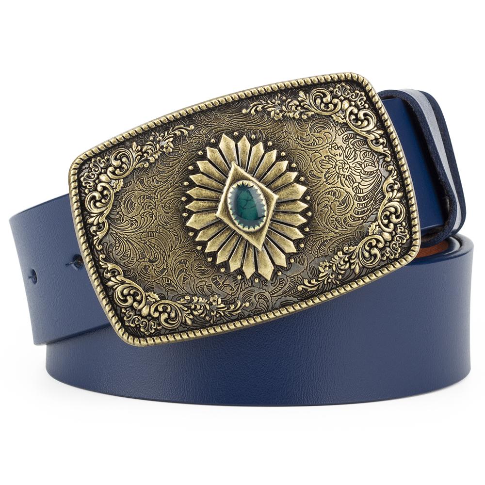 Classical Silver Carved Flower Pattern Buckle Enamel Sapphire Genuine Leather Belt For Women Men Belts Gift