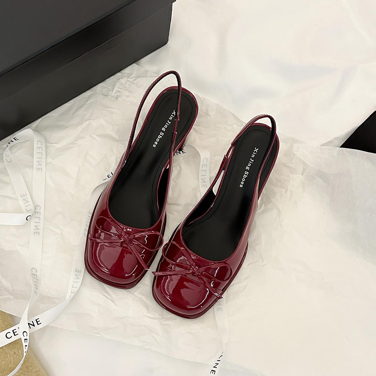 

E9-1 temperament bag head single shoes women s shoes spring and autumn new thick heel patent leather red bow light mouth medium heel single shoes 40 бордовый