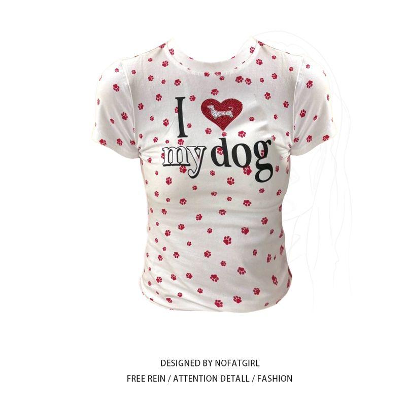 Plus size Fat Sister American Love Hot Drilling Dog Paw Full Printed Short sleeve T-shirt Women Summer Slim fit Slimming Shoulder Top Short sleeve M