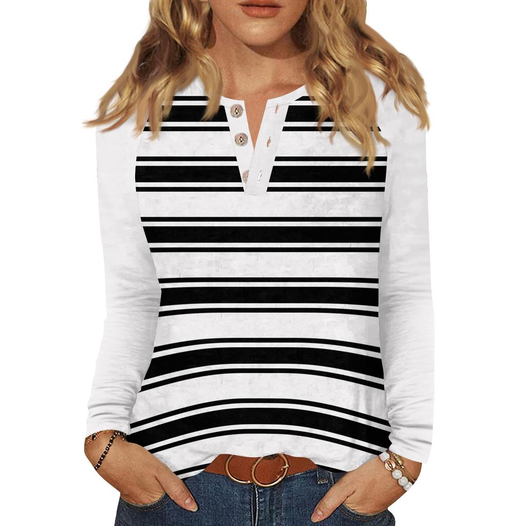 Camiseta de Mujer Estampada Botón Manga Larga Diario Fin de Semana Moda Básica Cuello en V Regular Top