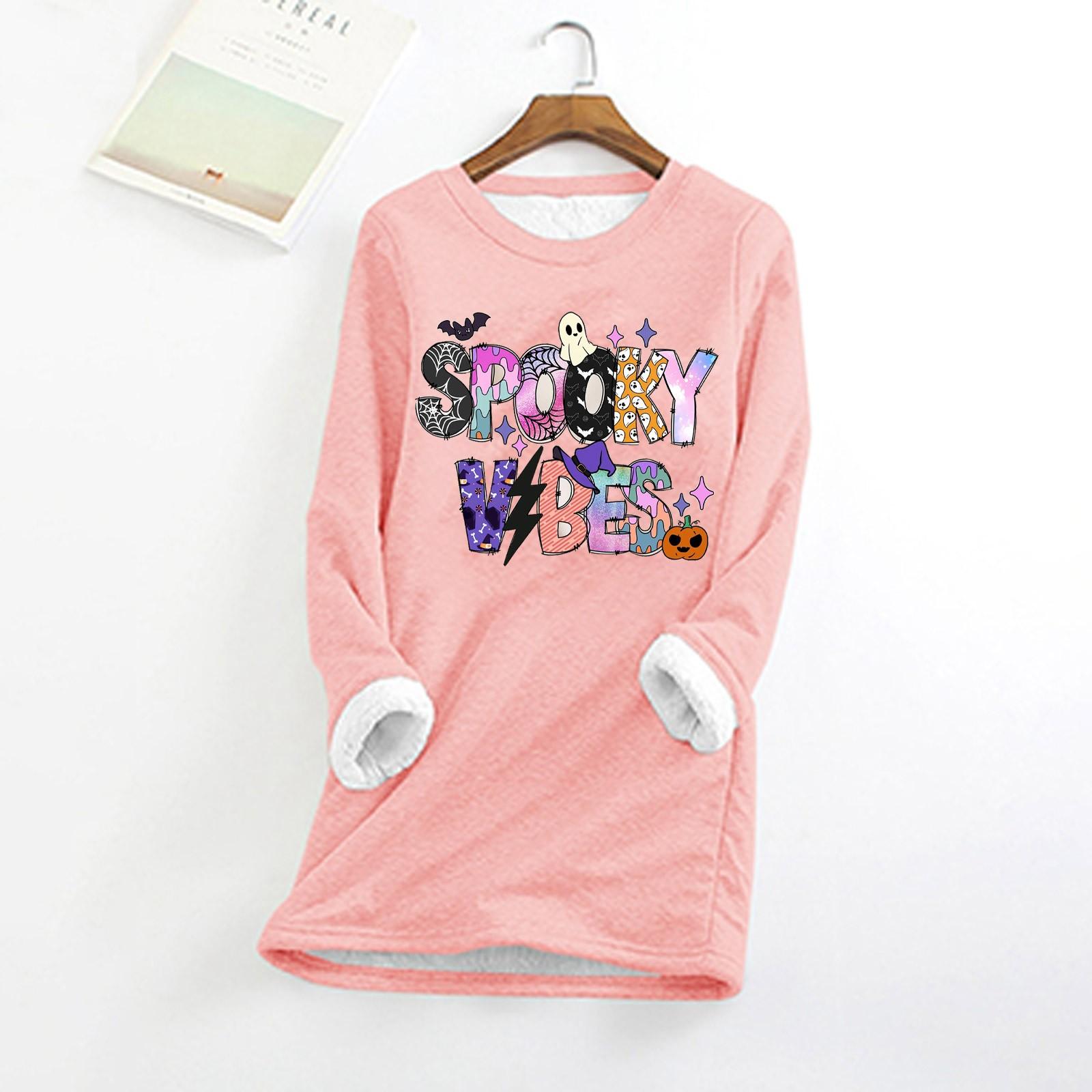 

Женский круглый вырез с принтом Хэллоуина, утолщенный плюшевый кашемировый теплый длинный топ S розовый