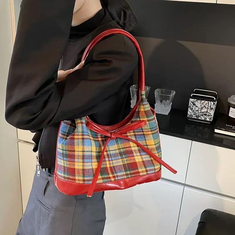 Fashion Butterfly Bow Decoration Checkered Pattern Women Shoulder Bag For Daily Casual Women
