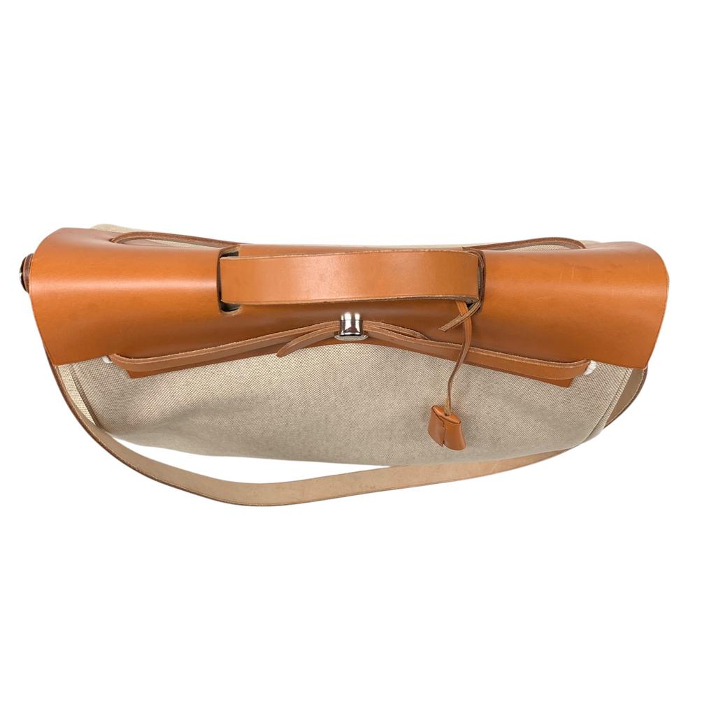 Used Hermes Herbag MM Tote Bag Canvas Beige Authentic 1186