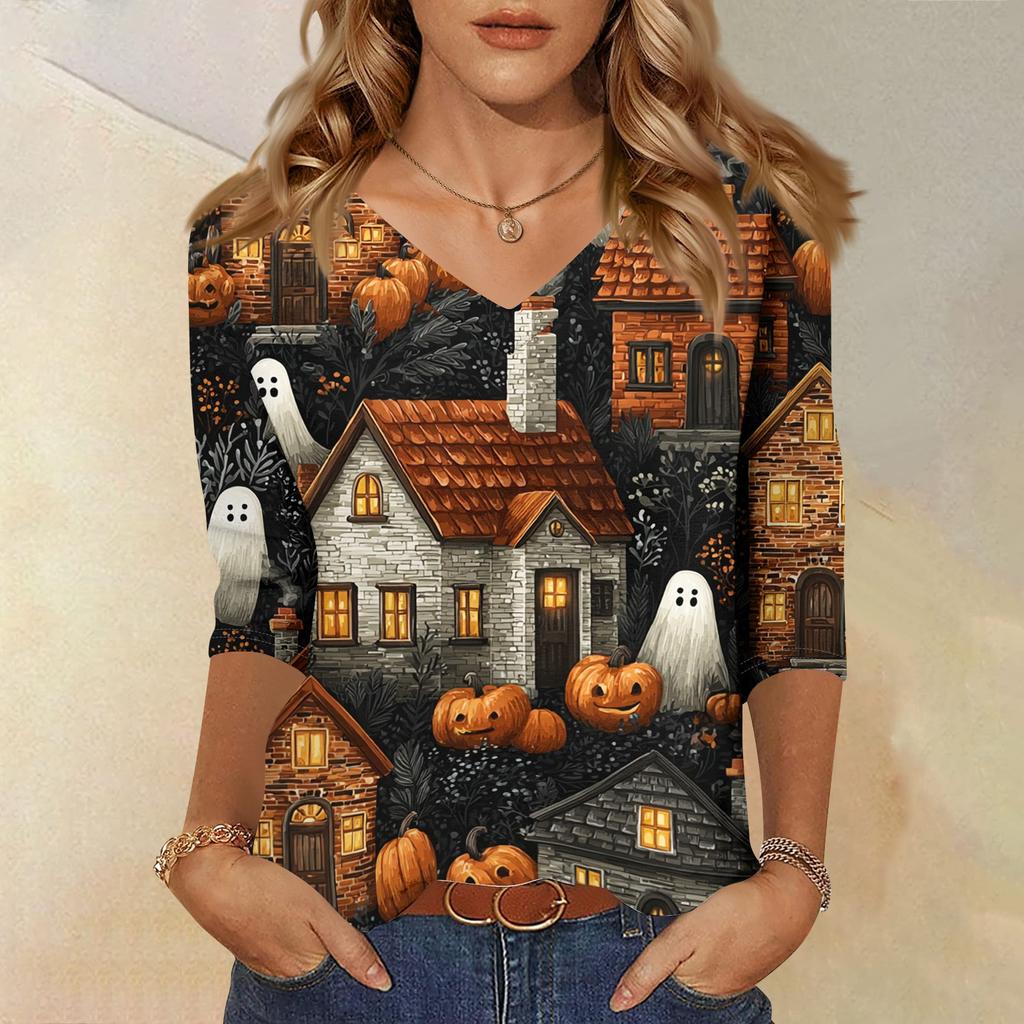 Womens Casual Halloween Print V Neck Three Quarter Sleeve Top Lightweight Soft Fabric Relaxed Fit Pullover Shirt