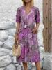 2026 European & American Fashion V-Neck Lace Trim Printed Short-Sleeve Dress