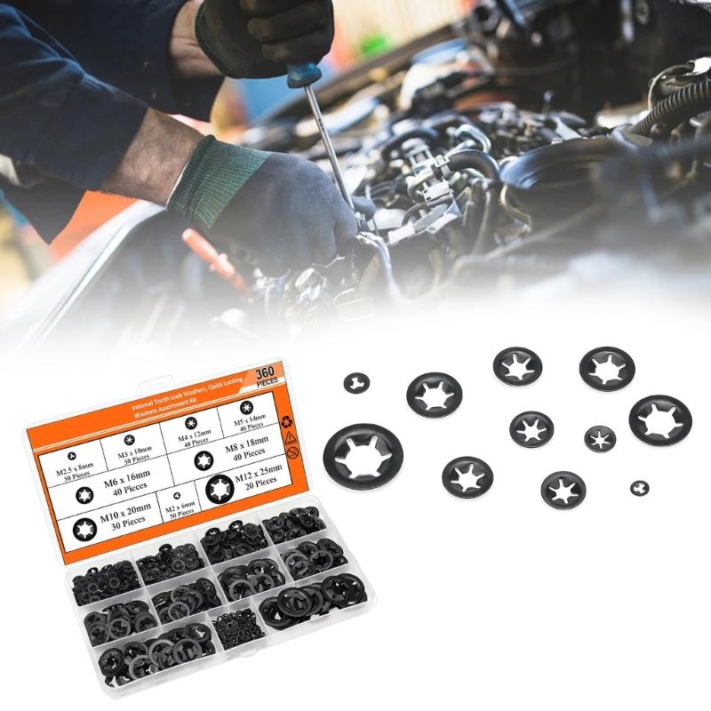 360Pcs 9 Sizes Internal Tooth Star Lock Washers Replacement Quick Speed Locking Washers Retaining Clips Fasteners