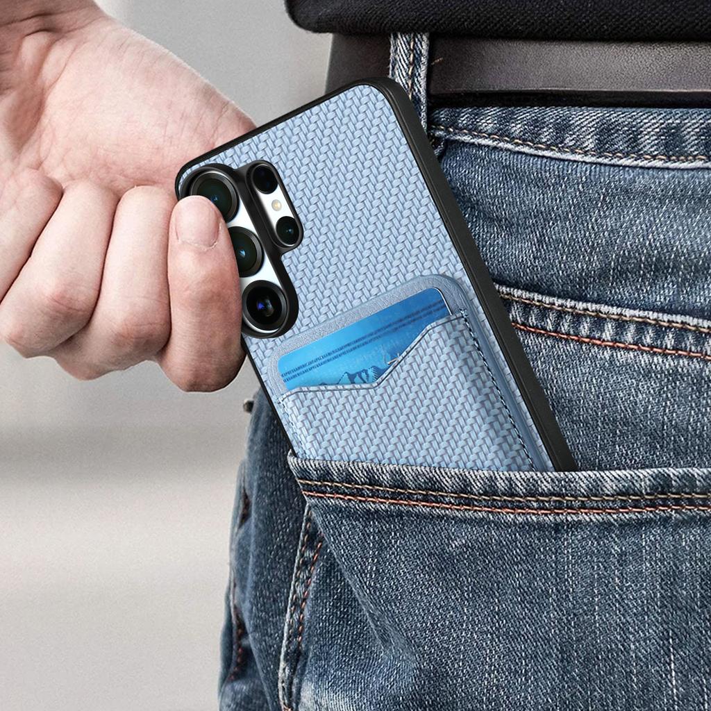 Business Magnetic Carbon Fibre Vertical Cards Solt Wallet Case For Samsung S25 Ultra S24 Plus S23 A17 A07 Kickstand Cover