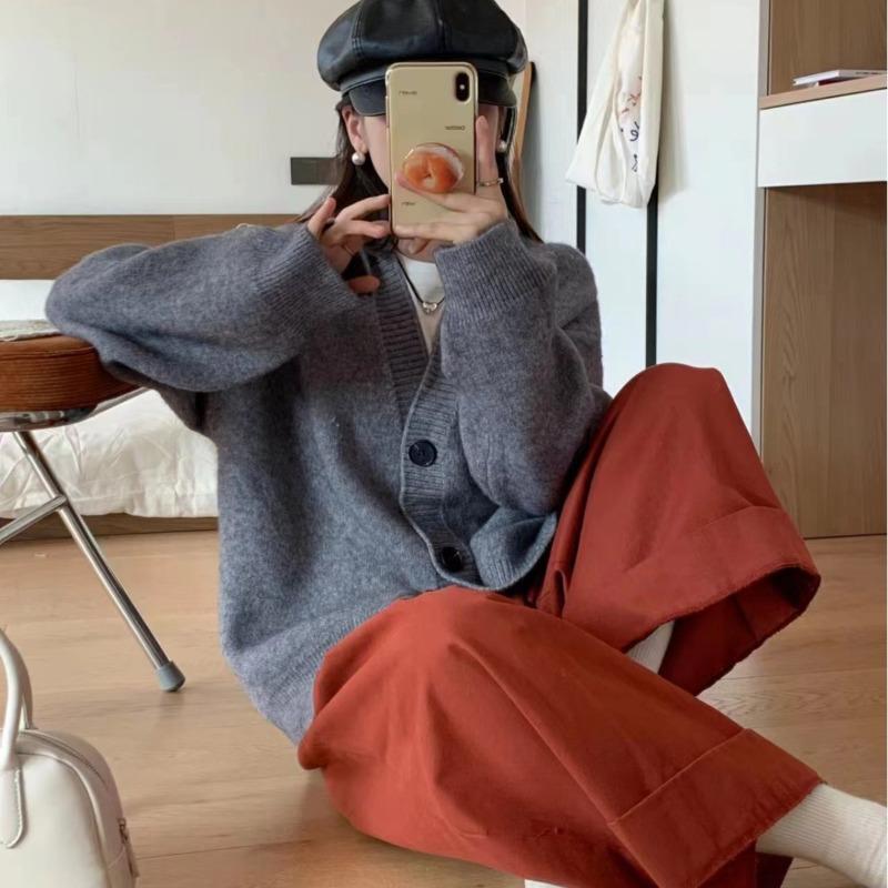 

Винтажный вязаный кардиган с V-образным вырезом женский осенне-зимний новый ленивый ветер свободный уменьшающий возраст мягкий восковой свитер куртка One Size серый