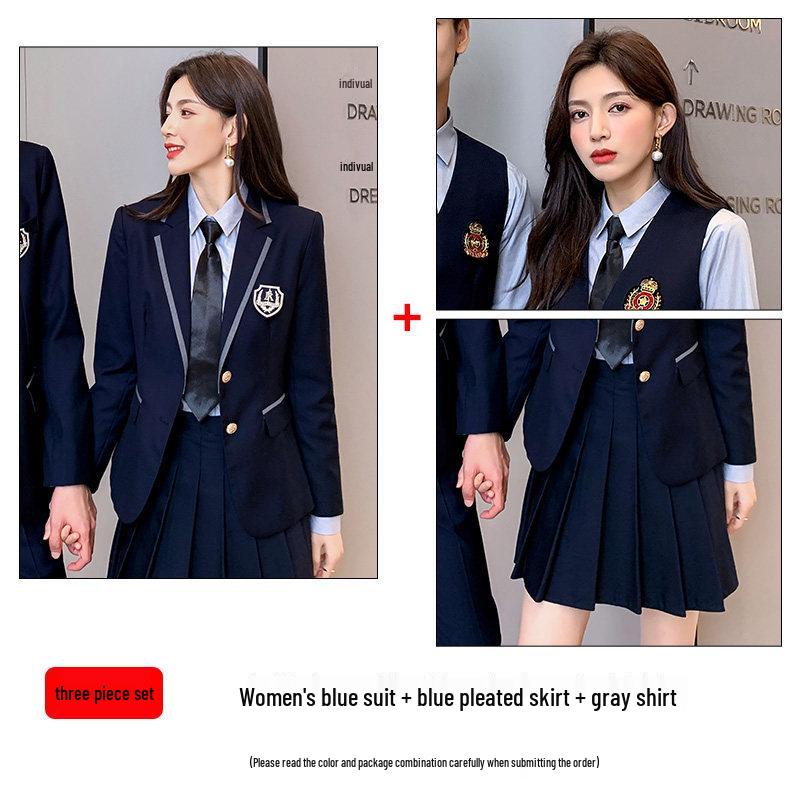 Unisex British College-Style Suit Jacket & Pleated Skirt Set: Stylish, Professional JK Uniform.