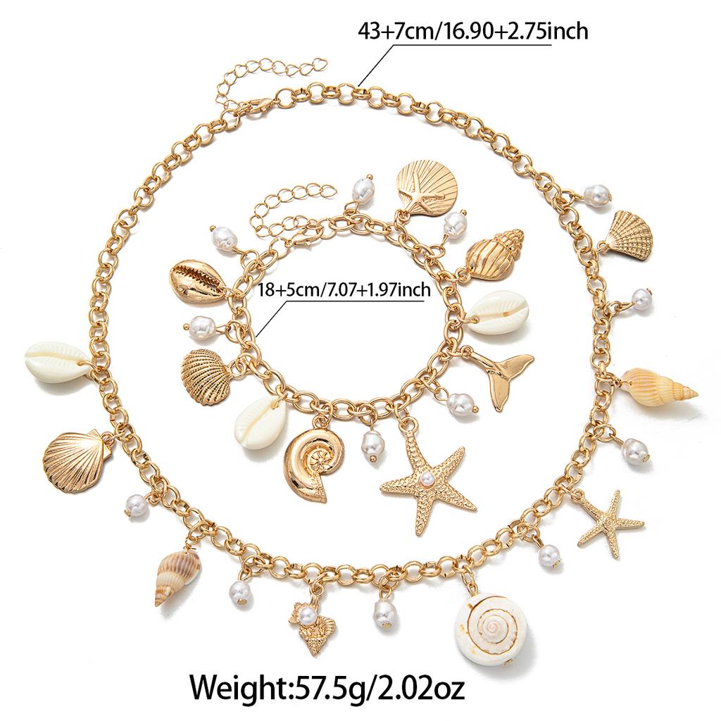 Ocean-style Natural Shell, Conch and Starfish Necklace & Bracelet Set, Vacation-style Clavicle Chain