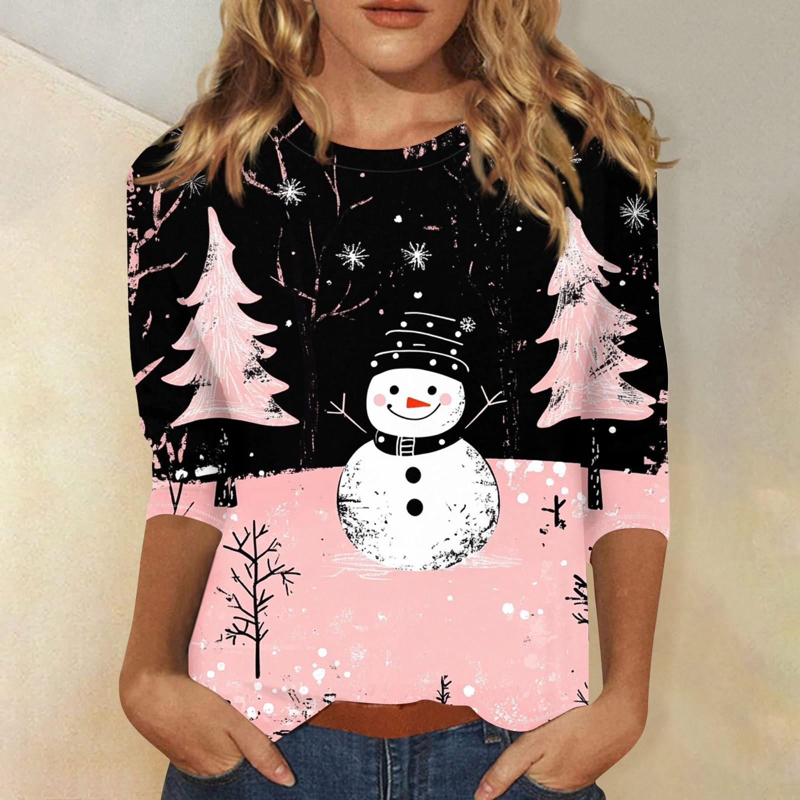 

Женская повседневная футболка с круглым вырезом и рождественским принтом снежинок, рукав три четверти, топ, пуловер L розовый