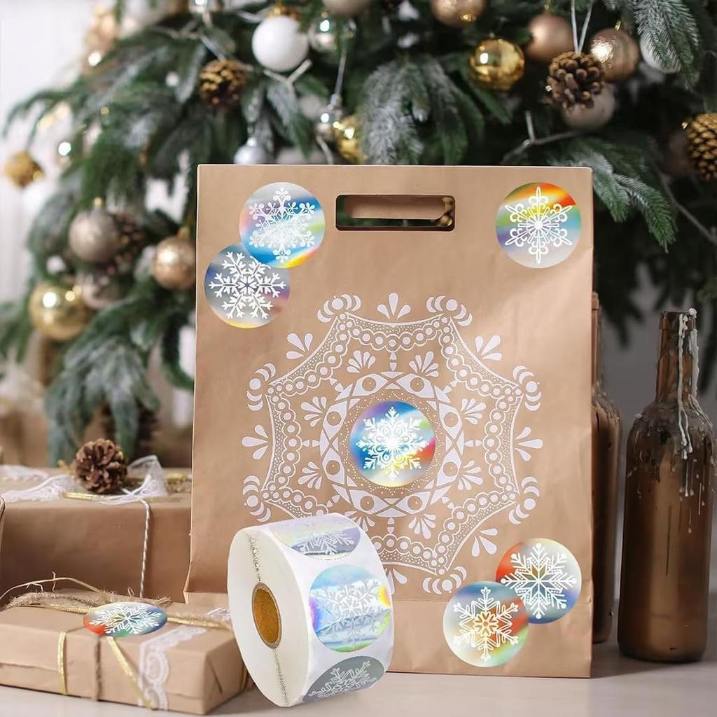 500 Pcs Holographic Snowflake Stickers,Christmas Adhesive Stickers Colorful Round Label Sticker for Envelope Cookie Candy Box (3.8cm)