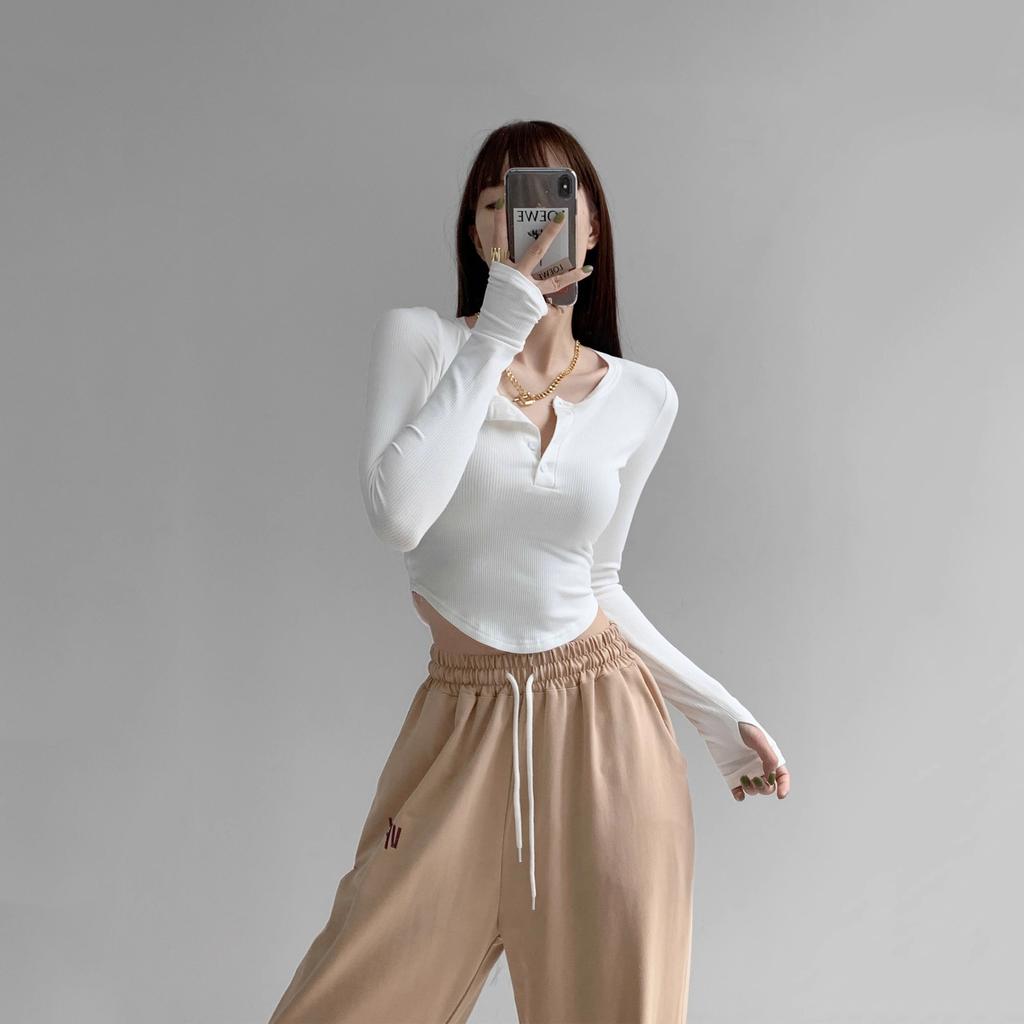 Women's Blouse Long-sleeved T-shirt Spring and Autumn Half-open Collar Solid Colour Bottoming Shirt Slim Spice Girls Short Tops