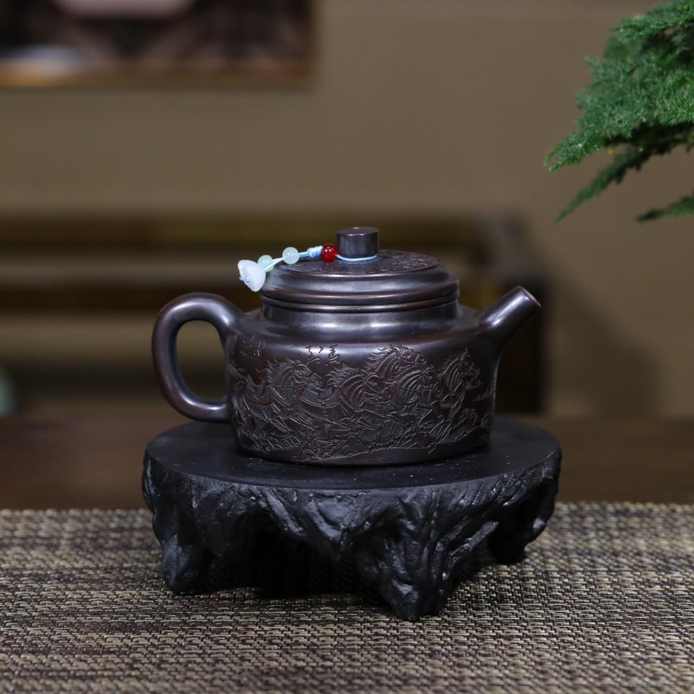 Handmade Yixing Zisha Teapot and Eight-Horses Gift Set by Famous Artist in Original Bronze Clay.