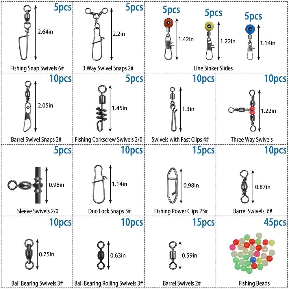 180Pcs Fishing Swivels Accessories Kit Barrel Swivels Ball Bearing Swivels Fishing Snap Swivels Sinker Slide Connector Tools