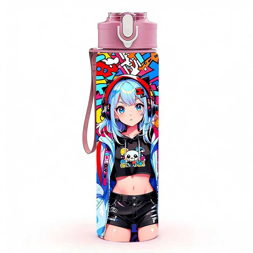 1PC Futuristic Cyber Girl Anime Character Art 750ml Color Plastic Sports Water Bottle Leakproof Flip Straw Lid Suitable for Sports Office Home Use