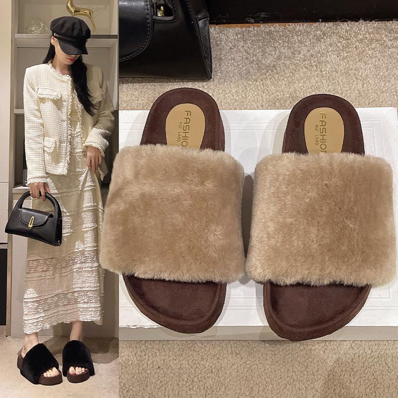 2025 Simple and Versatile New One-word Fluffy Slippers for Women To Wear In Autumn and Winter, Non-slip and Comfortable Height-increasing Cotton Slip