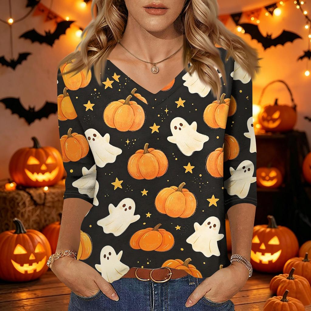 Damen Freizeit V-Ausschnitt Dreiviertelarm Oberteil Halloween Kürbisdruck Leichte Bluse für Herbst und Alltag