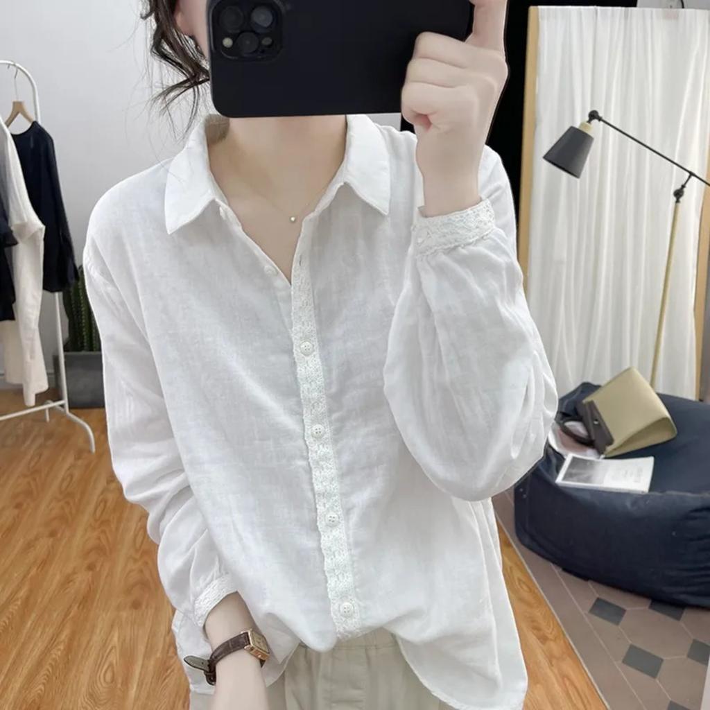 Jacquards Placket Cuffs Lace Long-sleeved Shirt Female Temperament Thin Blouse Tops