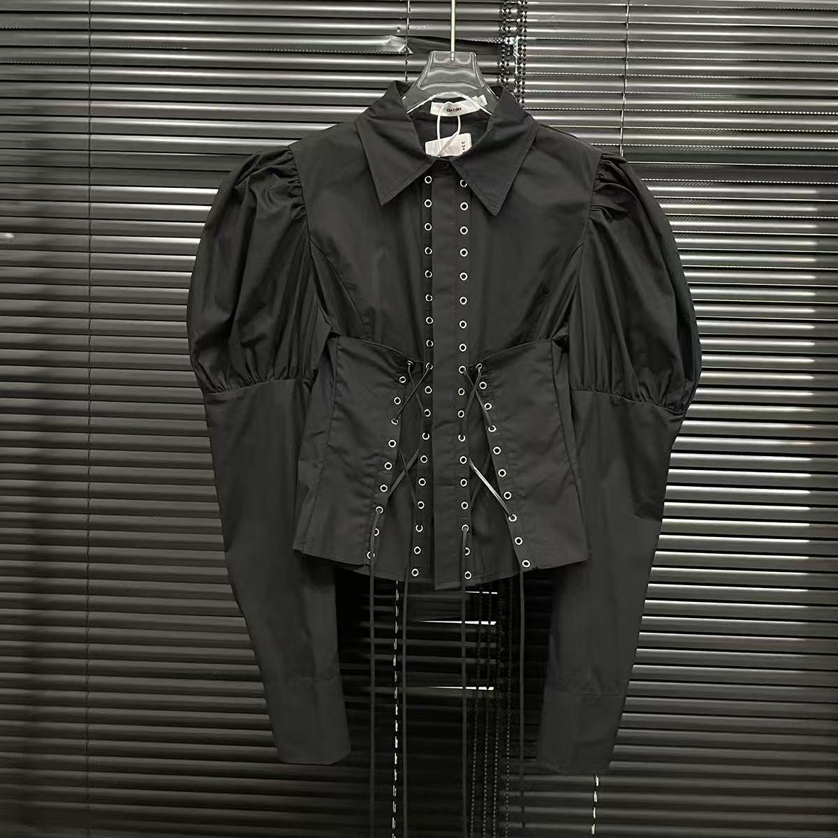 

Весна 2025 Рубашка со шнуровкой, рукавами-фонариками и приталенной талией Large чёрный