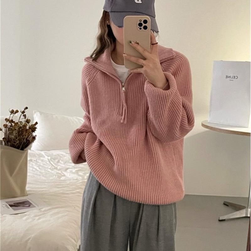 Solid-color loose knit sweater for women, laid-back fashionable Korean style, high neck, half-zip pullover sweater, versatile for autumn and winter